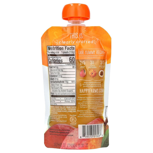 Happy Baby Organics Stage 2 Baby Food Pouches, Gluten Free, Vegan & Healthy Snack, Clearly Crafted Fruit & Veggie Puree, Pears Pumpkin & Passion Fruit, 4 Ounces (Pack Of 1)