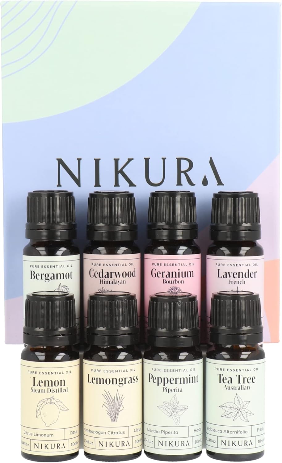 Nikura Luxury Essential Oil Gift Set - 8 X 10Ml | Lavender, Tea Tree, Geranium, Peppermint, Bergamot, Cedarwood | For Aromatherapy, Gifts, Diffusers, Candle Making, Soap Making | Vegan & Uk Made