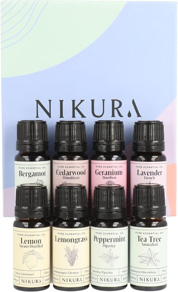 Nikura Luxury Essential Oil Gift Set - 8 X 10Ml | Lavender, Tea Tree, Geranium, Peppermint, Bergamot, Cedarwood | For Aromatherapy, Gifts, Diffusers, Candle Making, Soap Making | Vegan & Uk Made