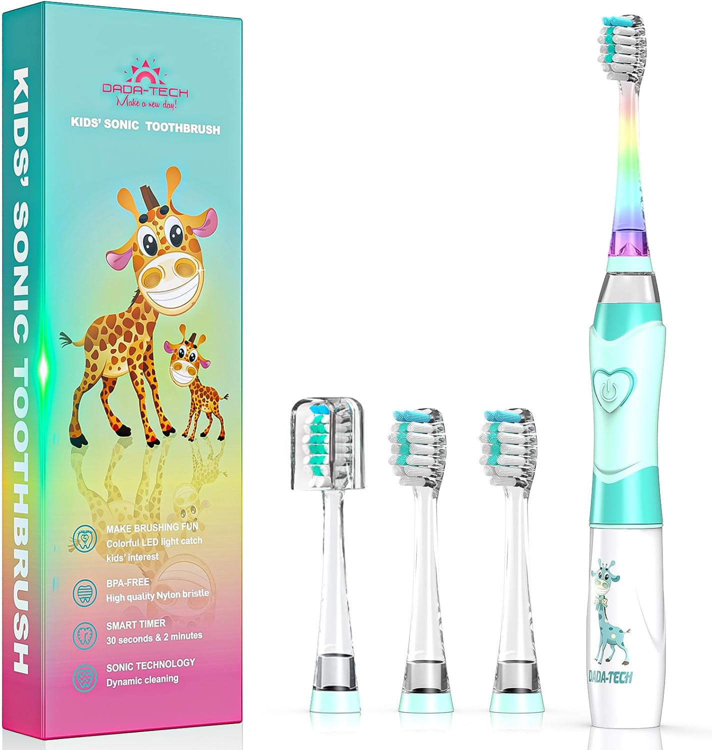 DADA-TECH Kids Electric Toothbrush Toddler Sonic Battery Powered Rainbow Light Up Vibrating Tooth Brush with 2 Minutes Timer for Children Boys Girls Ages 2+ Years Old, 4 Soft Brush Heads (Green)