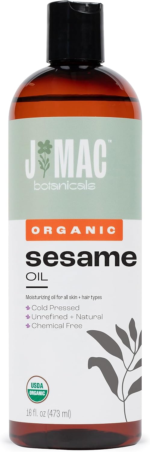J Mac Botanicals, Organic Sesame Oil (16 Oz Plastic Bottle), Cold-Pressed, Organic Sesame Oil For Skin, Ayurveda Body Oil For Massage, Organic & Unrefined Ayurvedic Oil For Skin, Hair, Oil Pulling