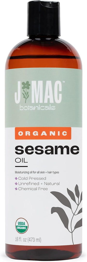 J Mac Botanicals, Organic Sesame Oil (16 Oz Plastic Bottle), Cold-Pressed, Organic Sesame Oil For Skin, Ayurveda Body Oil For Massage, Organic & Unrefined Ayurvedic Oil For Skin, Hair, Oil Pulling