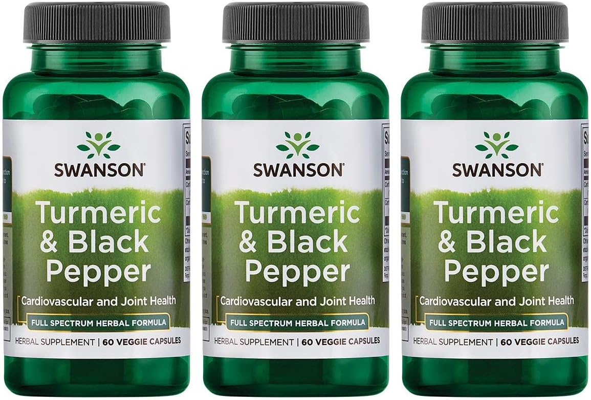 Swanson Turmeric & Black Pepper - Organic Joint Health, Heart Health, Digestion, & Liver Support Supplement - Natural Formula For Enhanced Bioavailability & Absorption - (60 Veggie Capsules) 3 Pack