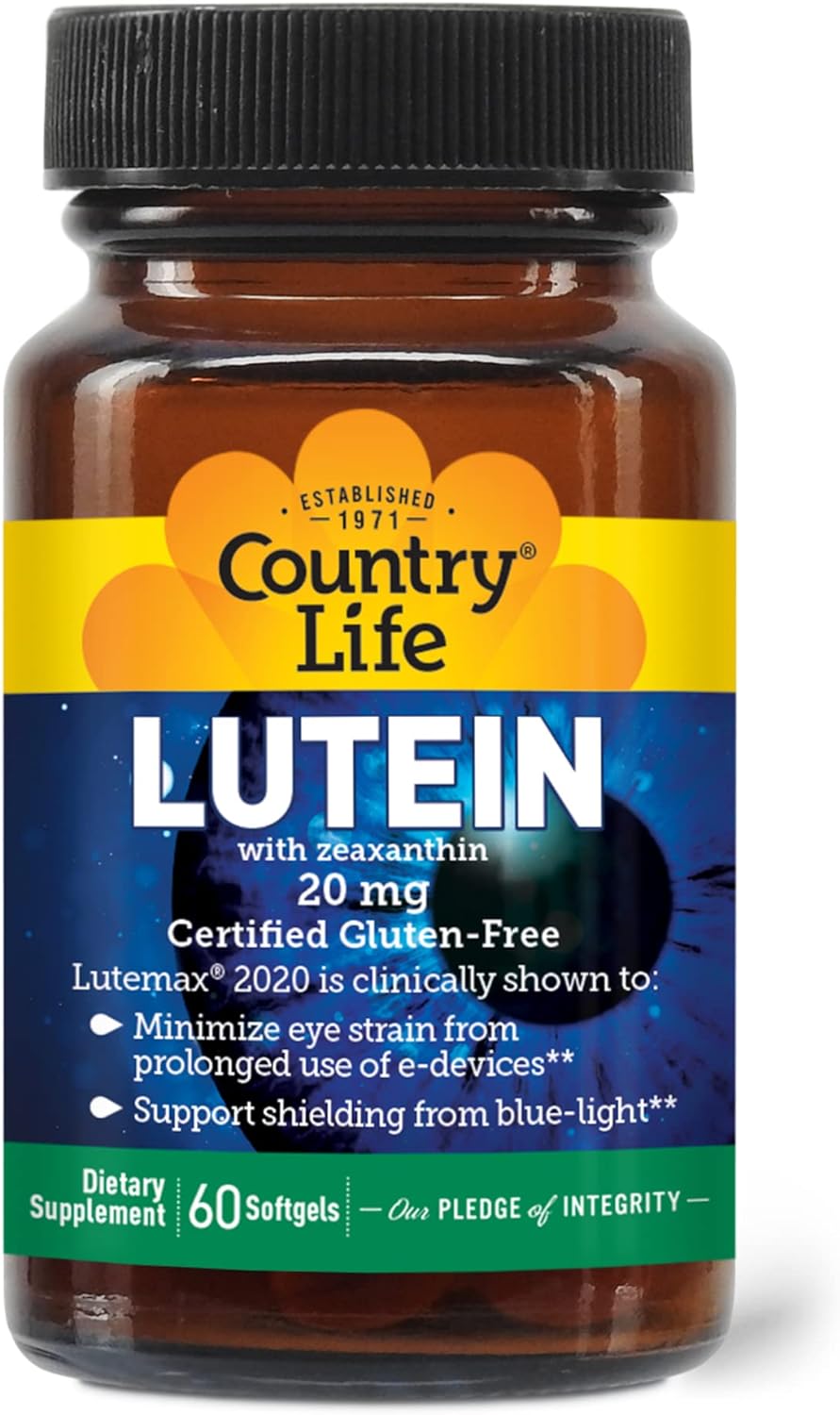 Country Life Lutein With Zeaxanthin 20Mg, Supports Eye Health, 60 Softgels, Certified Gluten Free