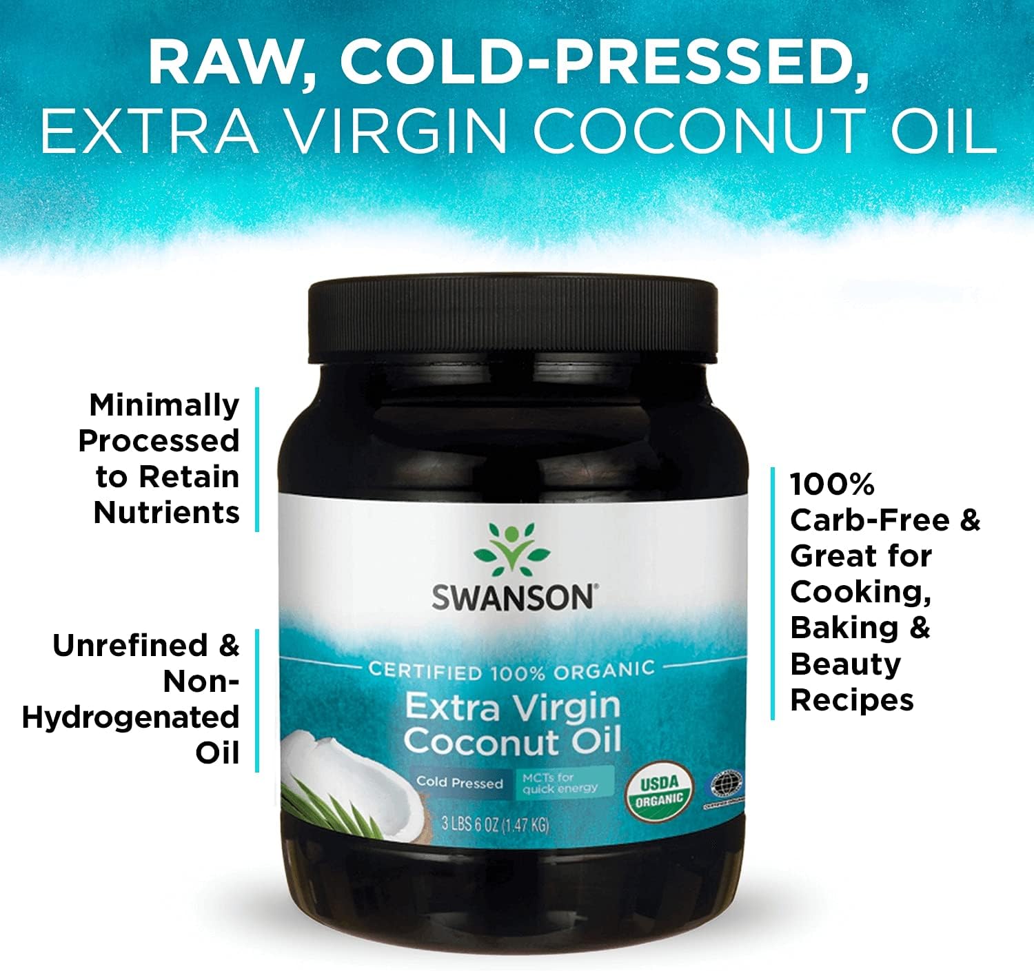 Swanson 100% Certified Organic Coconut Oil Cooking Baking Frying Beauty Efas Mcts 3 Lbs 6 Ounces (1.53 Kg) Solid Oil (4 Pack)