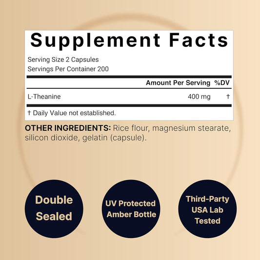 L-Theanine Supplement 400Mg Per Serving, 400 Capsules | Max Potency Relaxation & Focus Support – Bioavailable Free Form – Natural Amino Acid – Non-Drowsy – Non-Gmo