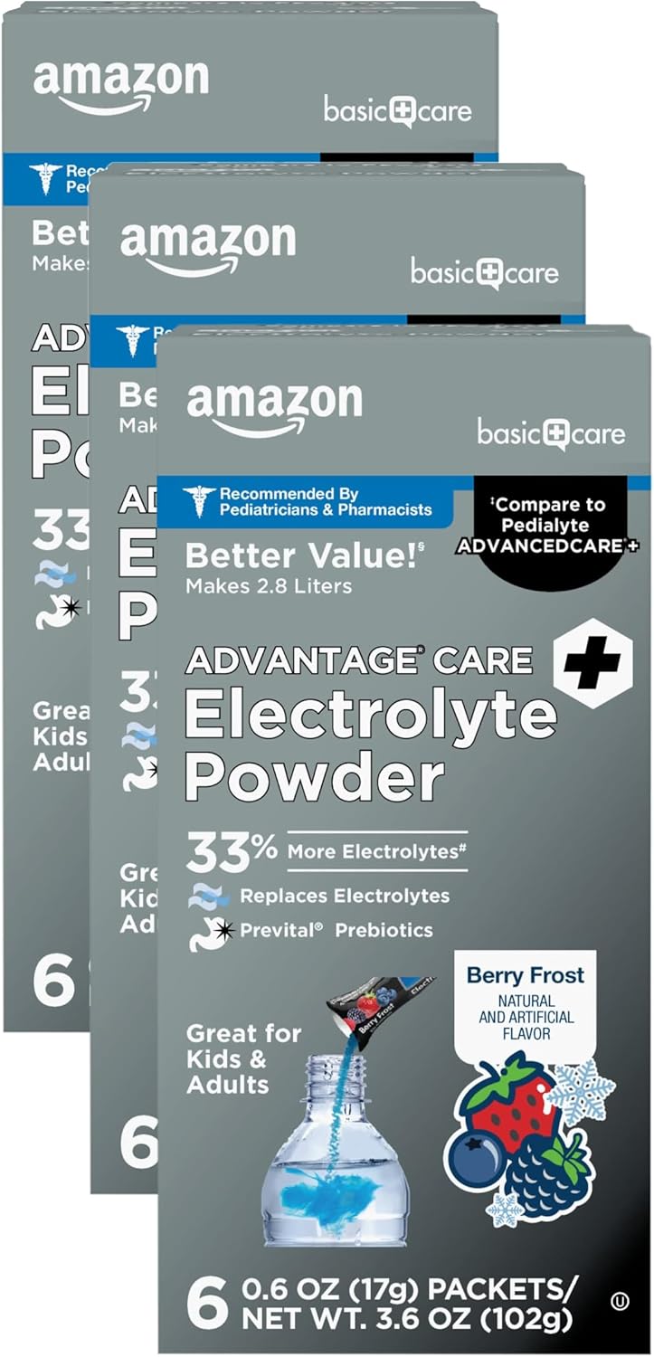 Amazon Basic Care Advantage Care Electrolyte Powder Packets for Rehydration, Berry Frost, 6 Count (Pack of 3)