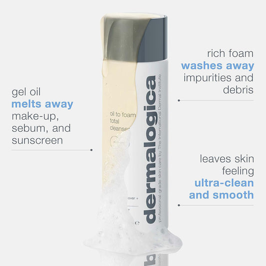 Dermalogica Oil To Foam Total Cleanser For Face - Removes Make-Up, Sunscreen, And Debris While Cleansing Skin In One Step For Ultra-Clean, Healthy-Looking Skin, 8.4 Fl Oz