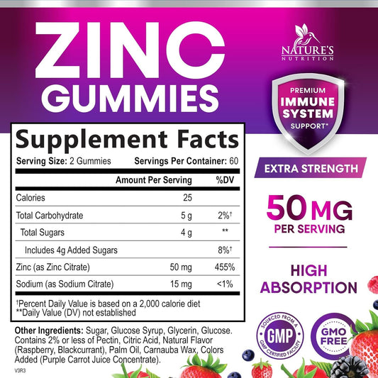 Zinc Gummies 50Mg - Extra Strength Bone Skin & Immune Health Support Gummy & Antioxidant Chewable Supplement For Adults - Non-Gmo, Vegan & Gluten Free Zinc Vitamin, Mixed Berry Flavor - 120 Gummies