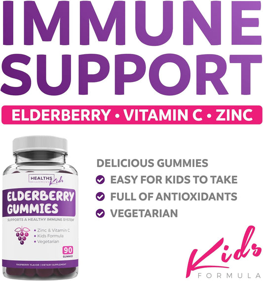Elderberry Gummies For Kids With Vitamin C & Zinc (3 Months Supply) 90 Delicious Raspberry Flavor Gummy - Immune Support Supplement For Children - Vegetarian Sambucus Elderberry Gummies (No Pills)