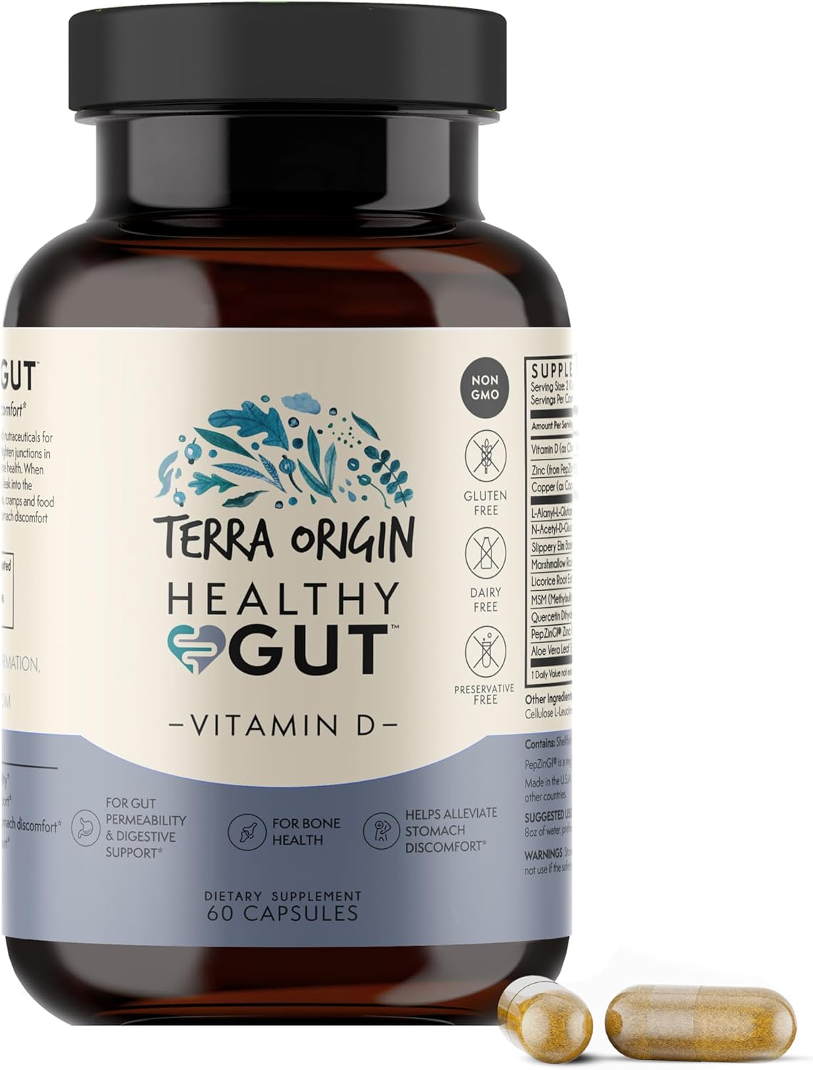 Terra Origin Healthy Gut Capsules With Vitamin D | 60 Capsules | Digestive Support, Intestinal Permeability, Ibs, Bloating, Gas And Constipation* 30 Servings/60 Capsules