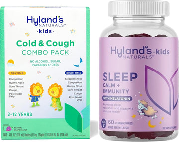 Bundle Of Hyland’S Kids Cold & Cough, Day & Night Combo Pack, Ages 2+, Syrup Cough Medicine Grape + Kids - Sleep, Calm + Immunity, With Melatonin, Chamomile & Elderberry, 60 Vegan Gummies