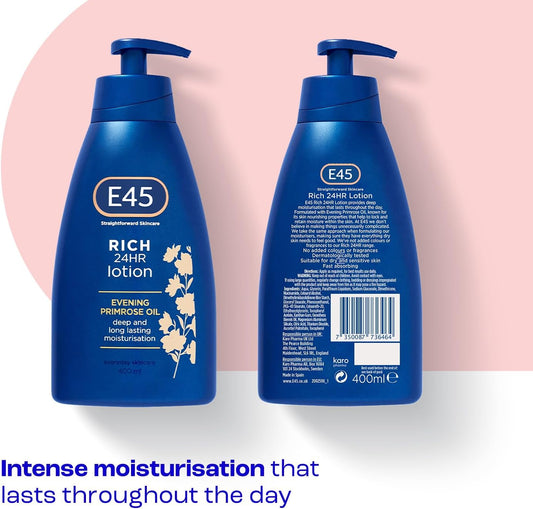 E45 Rich Skin Lotion 400 ml – E45 Moisturising Lotion with Evening Primrose Oil – Lightweight Body Lotion for Dry and Sensitive Skin – Long-Lasting Moisturisation for Soft and Supple Skin