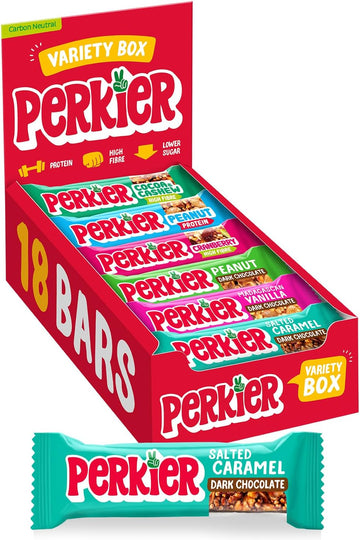 Perkier Salted Caramel Bars (30 Bars), Vegan, Gluten Free, Protein, High Fibre, Lower Sugar Snack, Natural Ingredients, Lower Calorie, Healthy, No Palm Oil, Nut Bar, Carbon Neutral