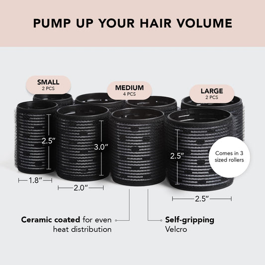 Kitsch Ceramic Thermal Hair Rollers For Women – Self Grip Hair Curlers For Heatless Curls Overnight - Volumizing Large Rollers For Short & Long Hair - For Long Lasting Frizz-Free Curls - Black, 8Pcs