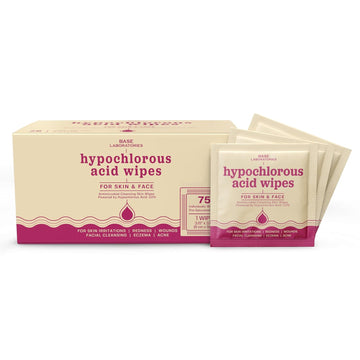 Base Laboratories Hypochlorous Acid Wipes | Saline Solution And Hocl Infused Wound Cleaning Wipes For Skin & Face | Cleanses, Sanitizes & Soothes Skin Irritations, Piercings, Acne & Eczema | 75 Wipes