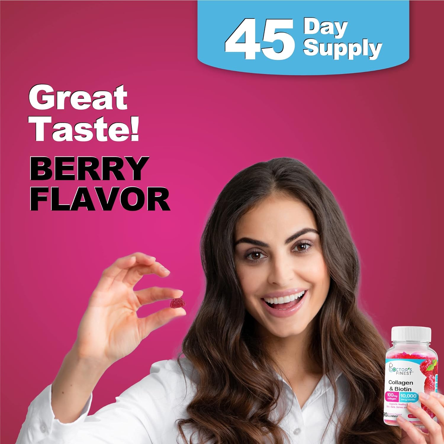 DOCTORS FINEST Collagen and Biotin 10000mcg Gummies, Vegan, GMO-Free, Gluten Free, Natural Raspberry Flavor Gummy Vitamins, for Hair Growth, Hair Skin and Nails Dietary Supplement, 90 Gummies : Health & Household