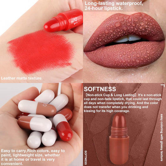 Bingbrush 18Pcs Pill Lipstick Capsules Samples Mini Set Makeup, Long Lasting Lip Stain Lápiz Labial Rojo Women Red Cute Lip Stick Purse Set Labiales Matte Larga Duracion 24