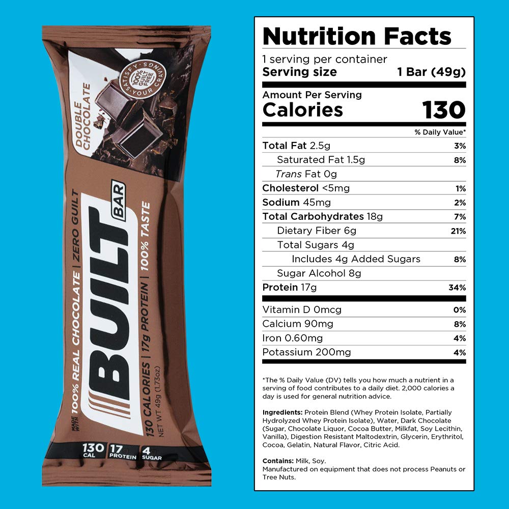 Built Bar 18 Pack Protein and Energy Bars - 100% Real Chocolate - High In Whey Protein And Fiber - Gluten Free, Natural Flavoring, No Preservatives (Double Chocolate) : Health & Household
