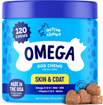 Omega 3 Fish Oil for Dogs Soft Chews 120 ct - Omega 3 for Dogs with Biotin & Vitamin E for Shiny Coat - Dog Skin and Coat Supplement for Itchy, Dry Skin - Shedding Omega 3 6 9 Oil for Dog