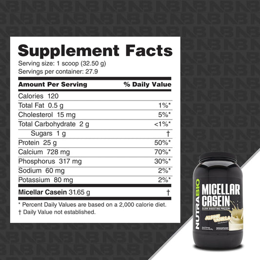 NutraBio Micellar Casein - Protein Powder, 2 lbs Alpine Vanilla - Slow Digesting - Muscle Growth - Essential Amino Acids - Non-GMO - Gluten & Soy Free