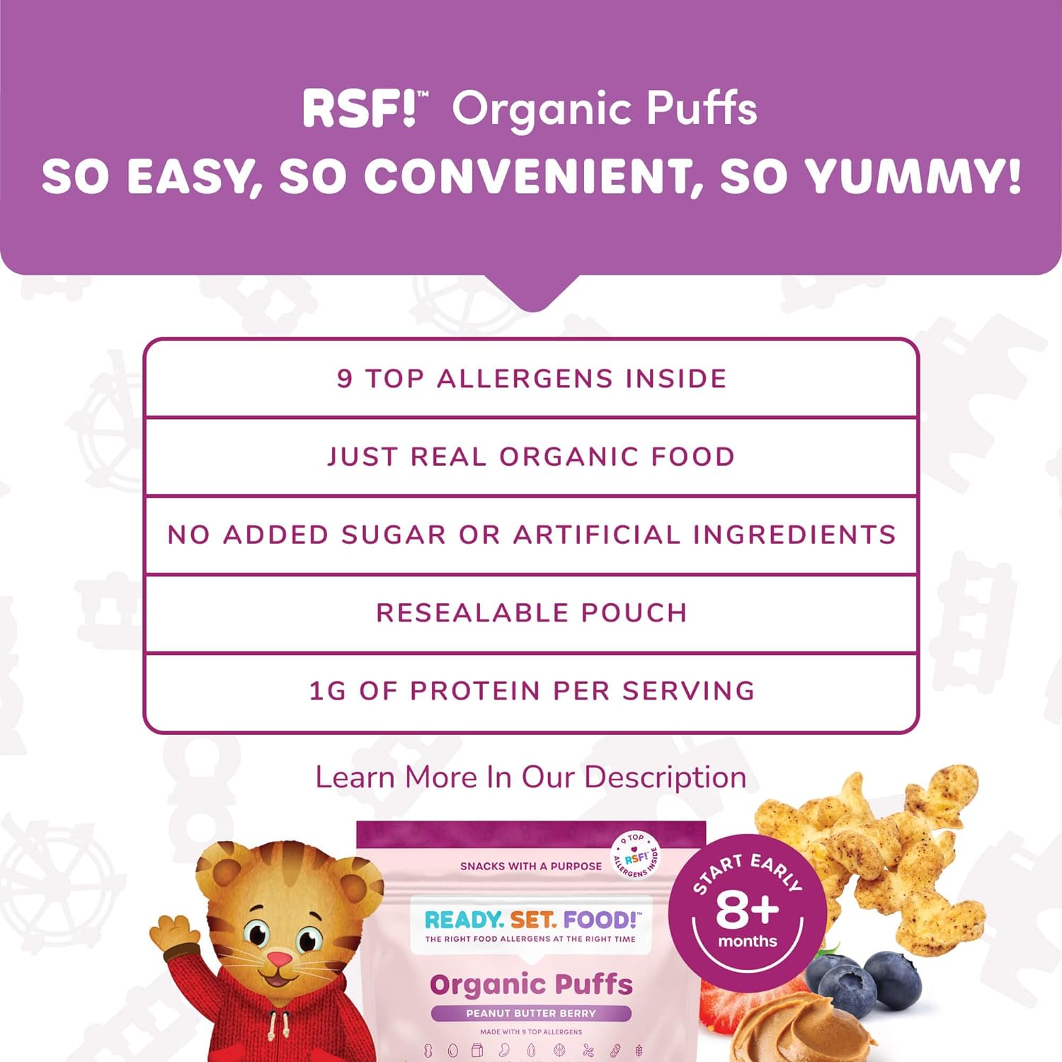 Ready Set Food Organic Puffs – Early Allergen Introduction Snack Puffs w/ 9 Top Allergens: Organic Peanuts, Cashew, Egg & More, No Added Sugar, Babies 8+ Months (Daniel Tiger Peanut Butter Berry, 2 Pack)
