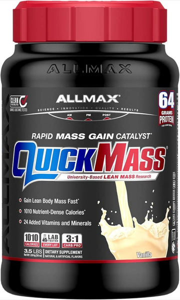 Allmax Quickmass, Vanilla - 3.5 Lb - Rapid Mass Gain Catalyst - Up To 64 Grams Of Protein Per Serving - 3:1 Carb To Protein Ratio - Zero Trans Fat - Up To 24 Servings