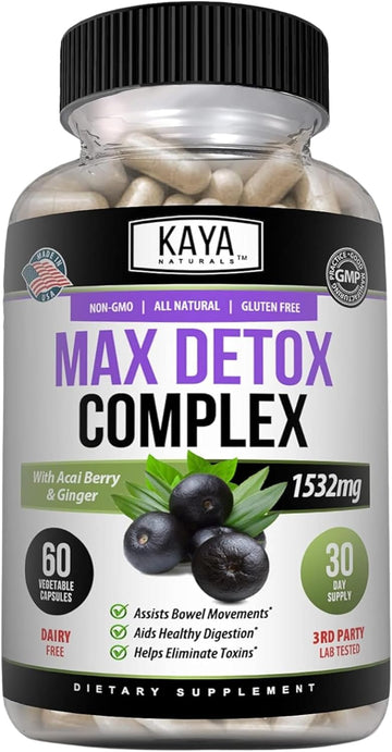 Kaya Naturals - Max Detox - 100% Natural, Healthy, Safe & New, Pure Herbal Ingredients, Vitamin Supplement For Body Cleanse For Body Cleanse To Remove Harmful Toxins And Boost Metabolism (60 Capsules)