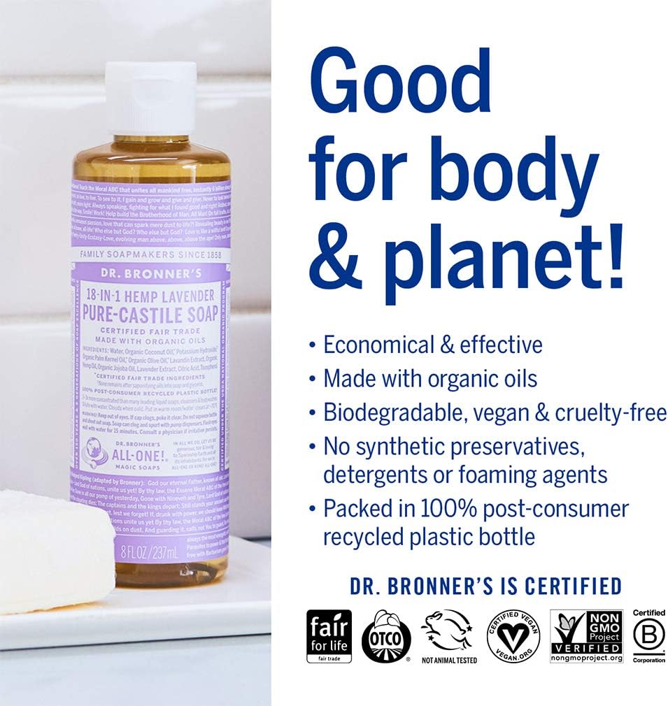 Dr. Bronner's - Pure-Castile Liquid Soap (Lavender, 8 ounce) - Made with Organic Oils, 18-in-1 Uses: Face, Body, Hair, Laundry, Pets and Dishes, Concentrated, Vegan, Non-GMO : Camping Soaps And Shampoos : Beauty & Personal Care