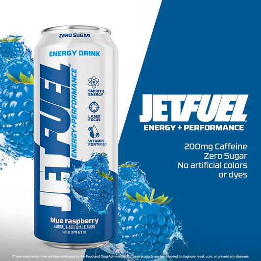 JetFuel Energy & Performance Drink, Zero Sugar, Natural Caffeine, Enhanced Focus, Electrolytes, Alpha GPC, Tyrosine, Green Tea, CogantiQ, For Men & Women, Blue Raspberry