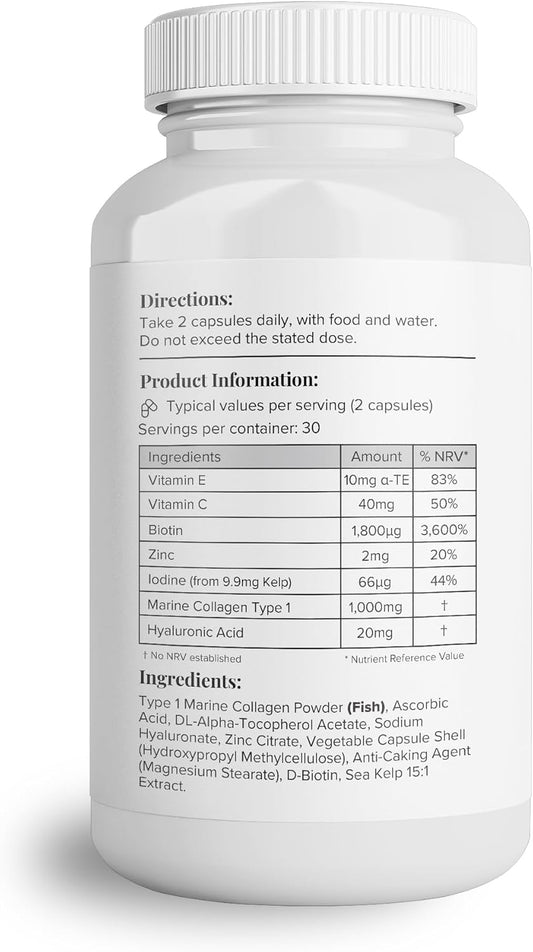 Hey Nutrition Collagen Complex Hyaluronic Acid & Sea Kelp Vitamin E, C, Biotin - Healthy Nails, Skin, Hair Joints Metabolism - Type 1 Marine Supplement - Non Gmo, 60 Capsules