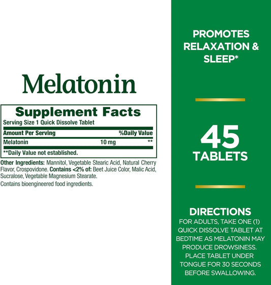 Nature'S Bounty Melatonin, 100% Drug Free Sleep Aid, Dietary Supplement, 10 Mg, 45 Count