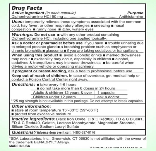 Sda Laboratories Diphenhydramine Hci Antihistamine 25 Mg Capsules For Multi-Symptom Allergy Relief, Sleep Support And Cold Symptoms, 1000 Count (1 Bottle)