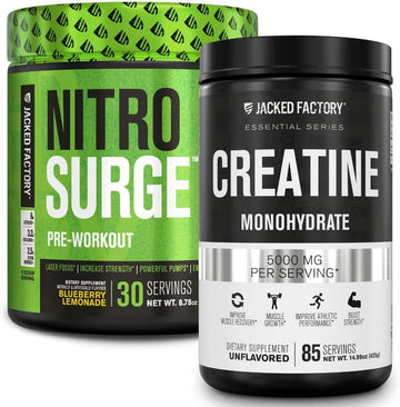 Nitrosurge Pre-Workout & Creatine Monohydrate - Pre Workout Powder With Creatine For Muscle Growth, Increased Strength, Endless Energy - Blueberry Lemonade Preworkout & Unflavored Creatine