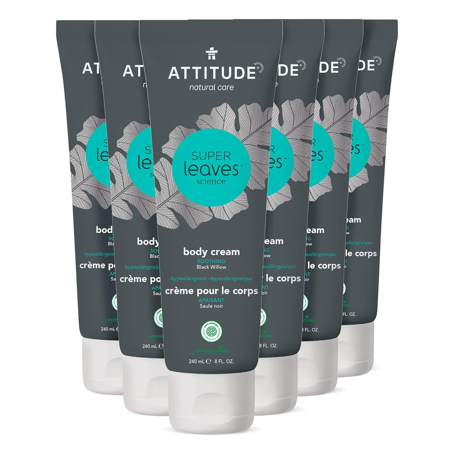 Attitude Body Cream, Ewg Verified Moisturizer, Vegan Moisturizing Products For Dry Skin, Dermatologically Tested, Black Willow, 8 Fl Oz (Pack Of 6)