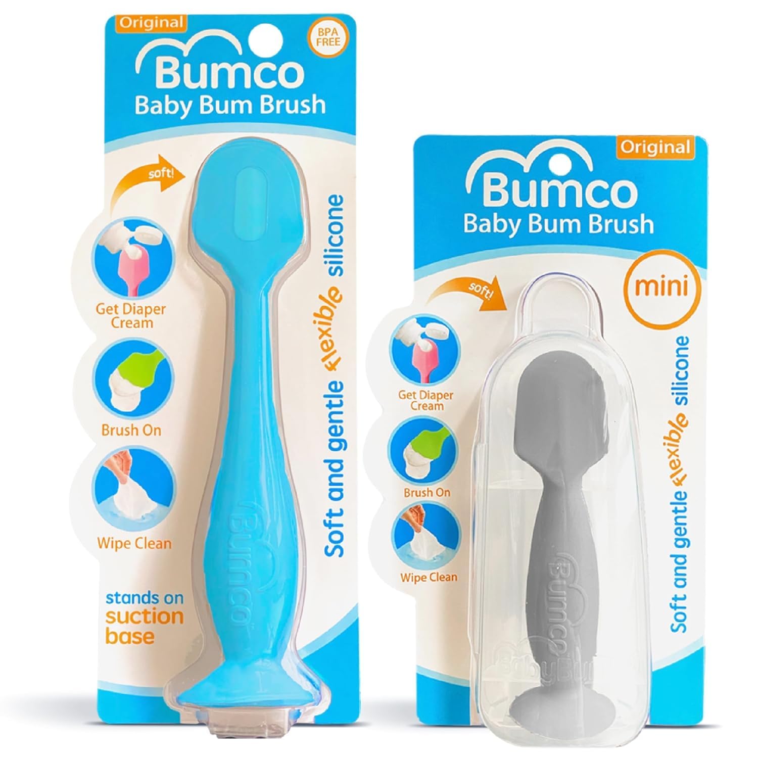 Bumco Baby Bum Brush + Mini Baby Diaper Cream Spatula With Case - Bpa-Free Silicone Diaper Spatula With Suction Cup, Wipe-Clean, Mom-Invented Butt Paste Applicator (Blue & Gray)