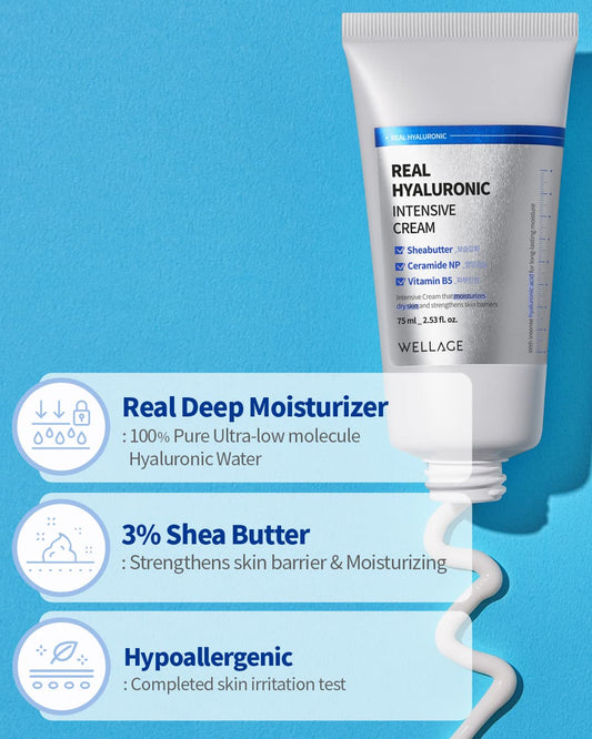 Wellage Real Hyaluronic Intensive Cream 75Ml (2.5 Fl.Oz), Intensive Moisturizing Cream With Hyaluronic Acid And Shea Butter, Rich Cream Facial Gel, Skin Barrier Strengthening For Damaged Skin