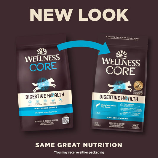 Wellness Core Digestive Health Dry Dog Food With Wholesome Grains, Highly Digestible, For Dogs With Sensitive Stomachs, Made In Usa With Real Protein (Whitefish & Brown Rice, 4-Pound Bag)