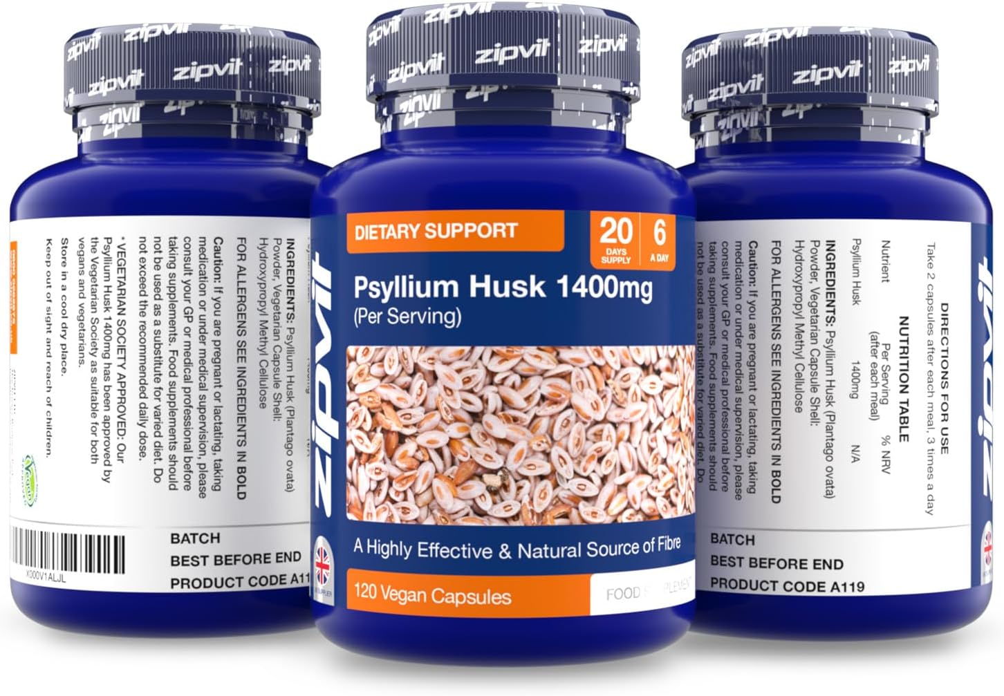 Zipvit Psyllium Husk Fibre Supplement, 1400mg Psyllium Husk Powder Per Serving, up to 4200mg Per Serving, 120 Vegan Capsules : Amazon.co.uk: Health & Personal Care