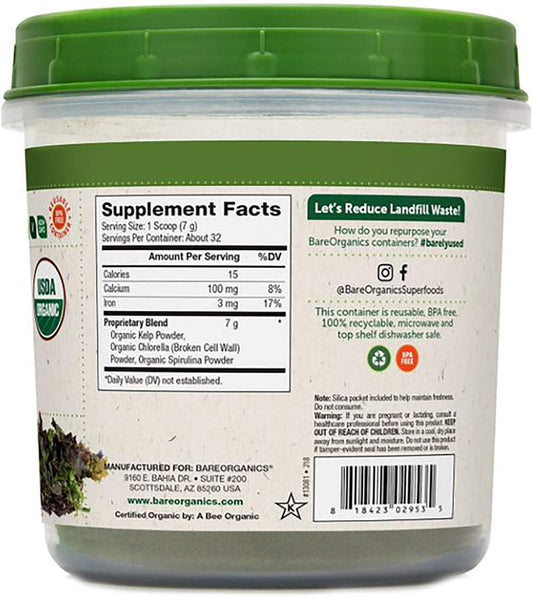 BareOrganics Marine Super Greens Powder | USDA Organic, Gluten-Free, Vegan, Non-GMO, BPA-Free | Kelp, Chlorella, Spirulina, 8oz