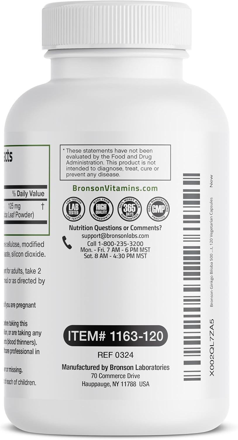 Bronson Ginkgo Biloba Extra Supports Brain Function & Memory Support, 120 Vegetarian Capsules : Health & Household