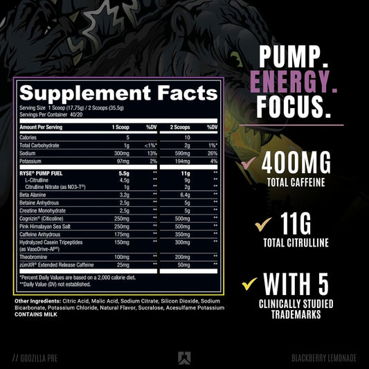 RYSE Up Supplements Noel Deyzel x Godzilla Pre Workout | Intense Pumps, Energy, & Focus | Citrulline & Beta Alanine | 400mg Total Caffeine | 40 Servings (BlackBerry Lemonade)