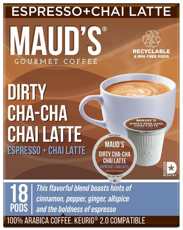 Maud'S Espresso Chai Tea Latte Pods, 18 Ct, Recyclable Single Serve Tea Pods - 100% Gourmet Blended Tea Leaves, Compatible With Keurig K Cups Maker