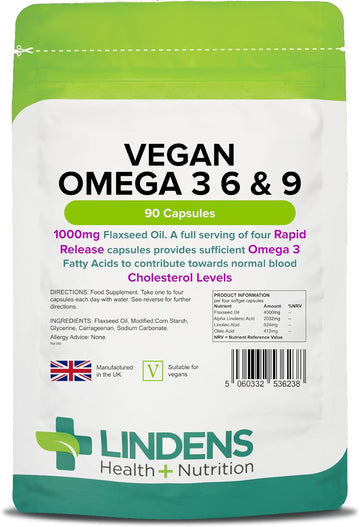 Lindens Vegan Omega 3, 6 & 9 Flaxseed 1000mg Softgel Capsules - 90 Capsules - Rapid-Release - UK Manufacturer, Letterbox Friendly