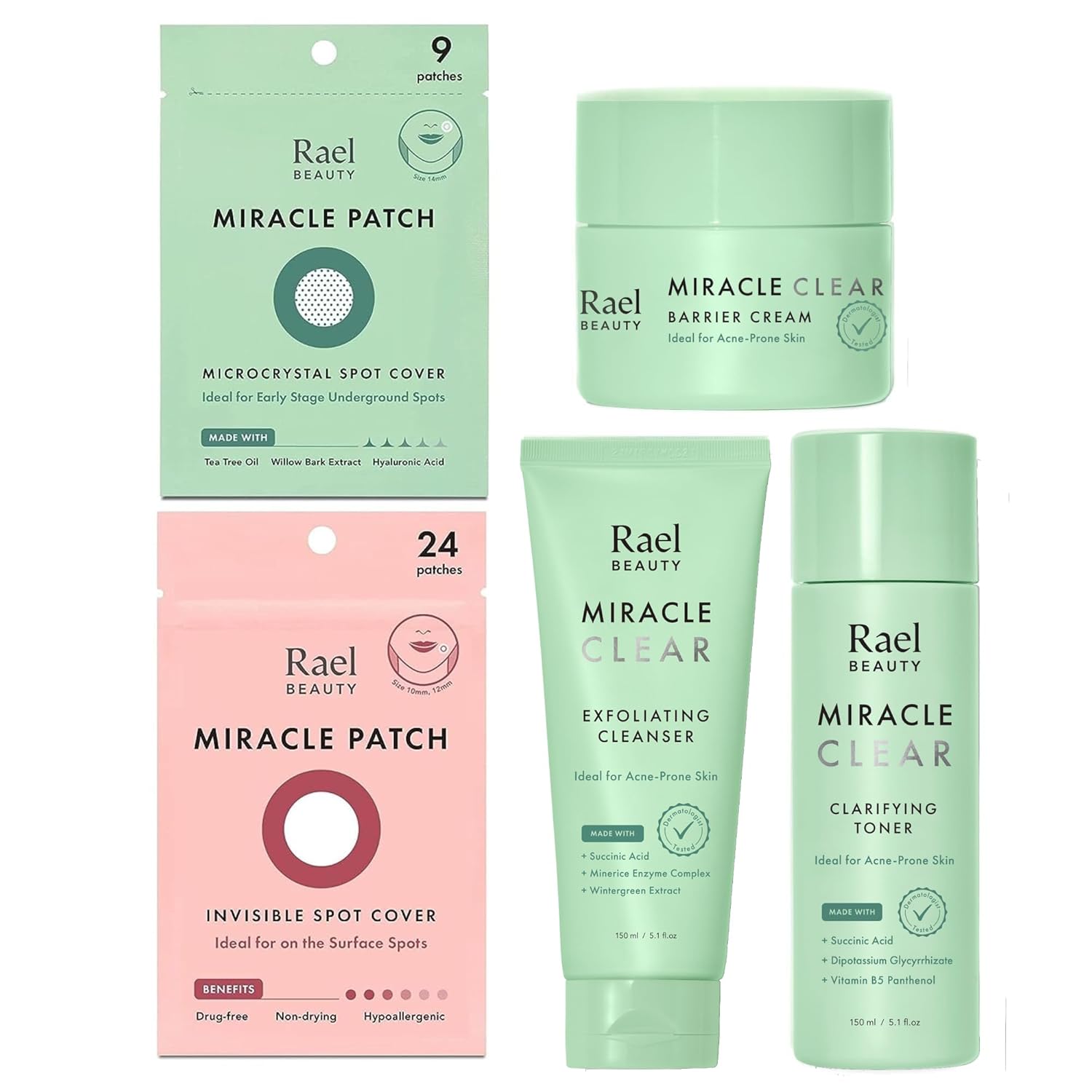 Rael Miracle Bundle - Invisible Cover (24 Count), Microcrystal Cover (9 Count), Exfoliating Cleanser (5.1 Fl.Oz), Clarifying Toner (5.1 Fl.Oz), Barrier Cream (1.8 Fl.Oz)