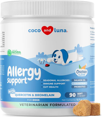 Dog Allergy And Itch Relief - 90 Soft Chews - W/Probiotics, Salmon Oil, Colostrum, Quercetin, And Turmeric - Anti Itch Supplement, Support For Skin And Seasonal Allergies