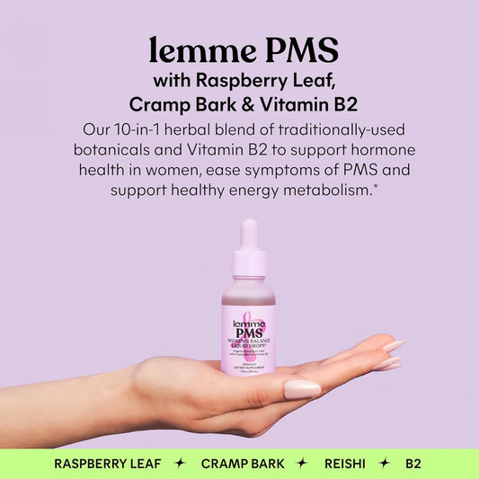 Lemme PMS Hormone Balance for Women Liquid Drops, PMS & Mild Period Cramping Relief, 10-in-1 Herbal Blend with Raspberry Leaf, Dong Quai, Cramp Bark, Reishi & B2, Organic, Sugar-Free, 1 fl oz