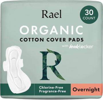 Rael Pads For Women, Organic Cotton Cover - Period Pads With Wings, Feminine Care, Sanitary Napkins, Heavy Absorbency, Unscented, Ultra Thin (Overnight, 30 Count)