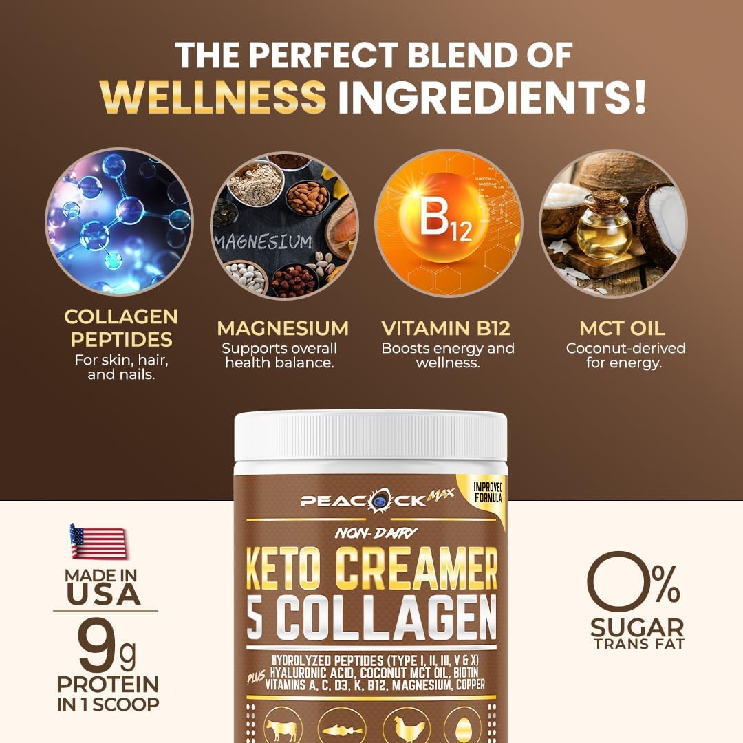 Peacock Max Collagen Keto Coffee Creamer Powder 12.2 Oz - Hydrolyzed Collagen Peptides With Coconut Mct Oil, B12, Magnesium, Unflavored Protein Powder, Sugar Free Coffee Creamer For Smoothies & Baking : Health & Household