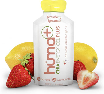 Huma Plus (Double Electrolytes) - Chia Energy Gel, Strawberry Lemonade, 12 Gels, 1x Caffeine - Stomach Friendly, Real Food Energy Gels